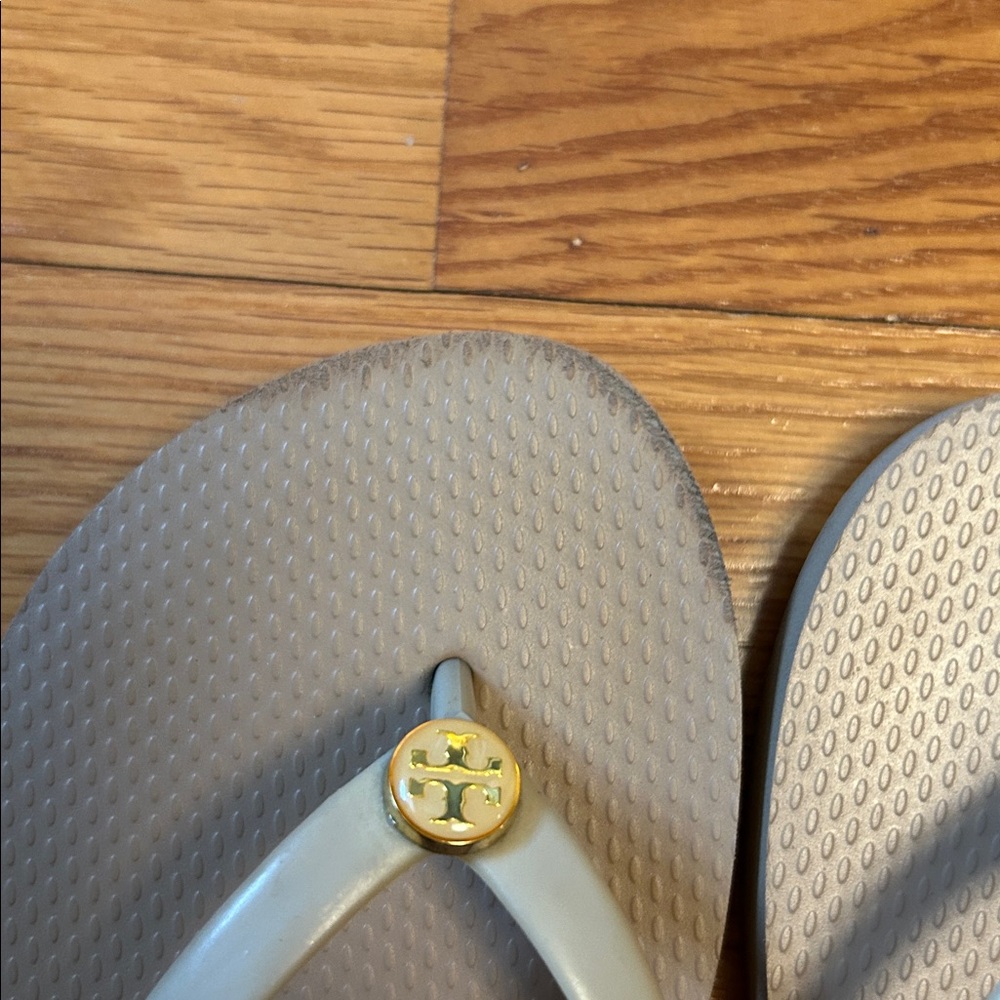 Tory Burch Taupe Flip Flop Sandals with Gold Logo Medallions - Picture 7 of 7